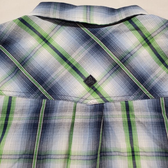 Prana Shirt Men XL Blue Green Madras Plaid Silver Snap Casual Button Up Western - Picture 11 of 15